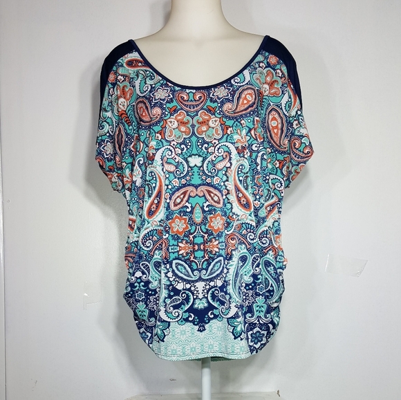 Orange and Blue Relaxed Dolman Sleeve Blouse - Picture 4 of 6